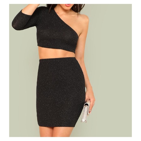 MBM Unlimited Dresses & Skirts - Black Glitter One Shoulder Crop Top Skirt Set